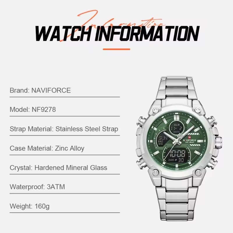 NAVIFORCE Men Watch Luxury LCD Digital Sport Wristwatches Dual Display Alarm Chronograph Man Clock Relogio Masculino